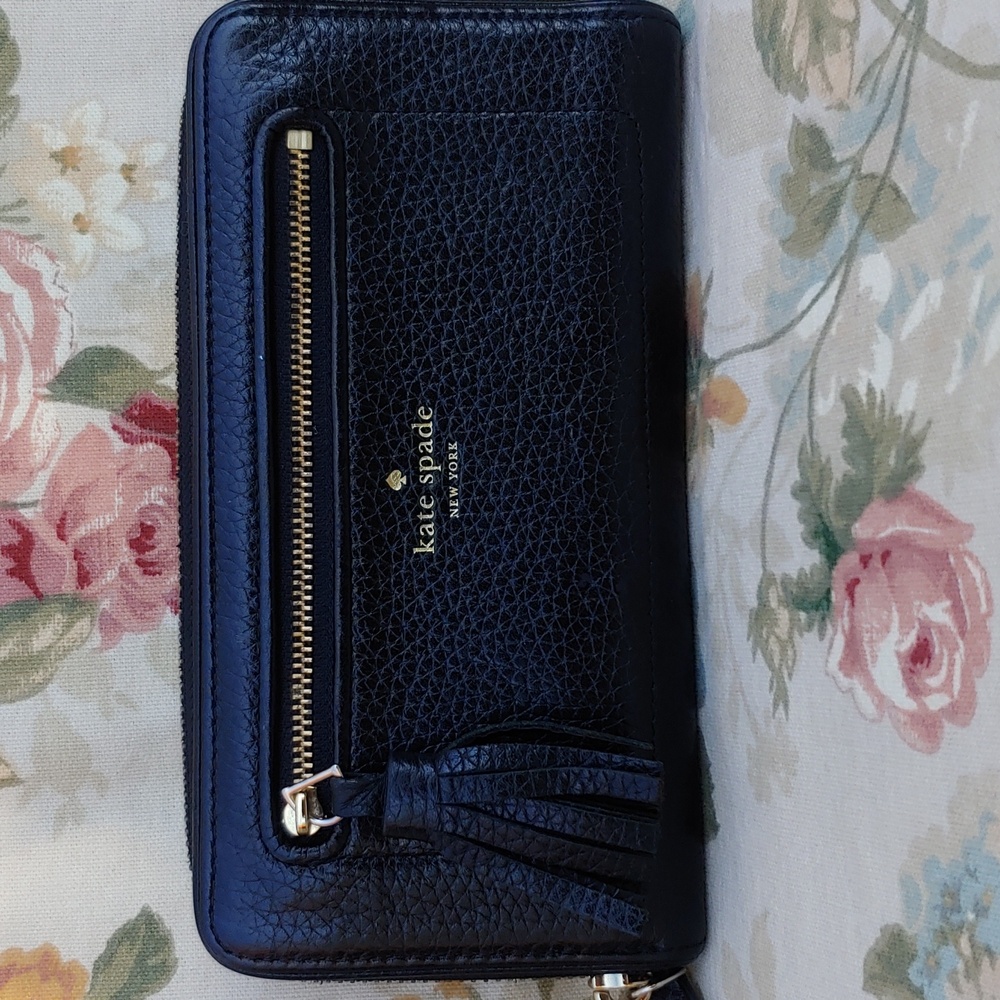 Kate Spade Black Pebbled Zipper Wallet With Tassel